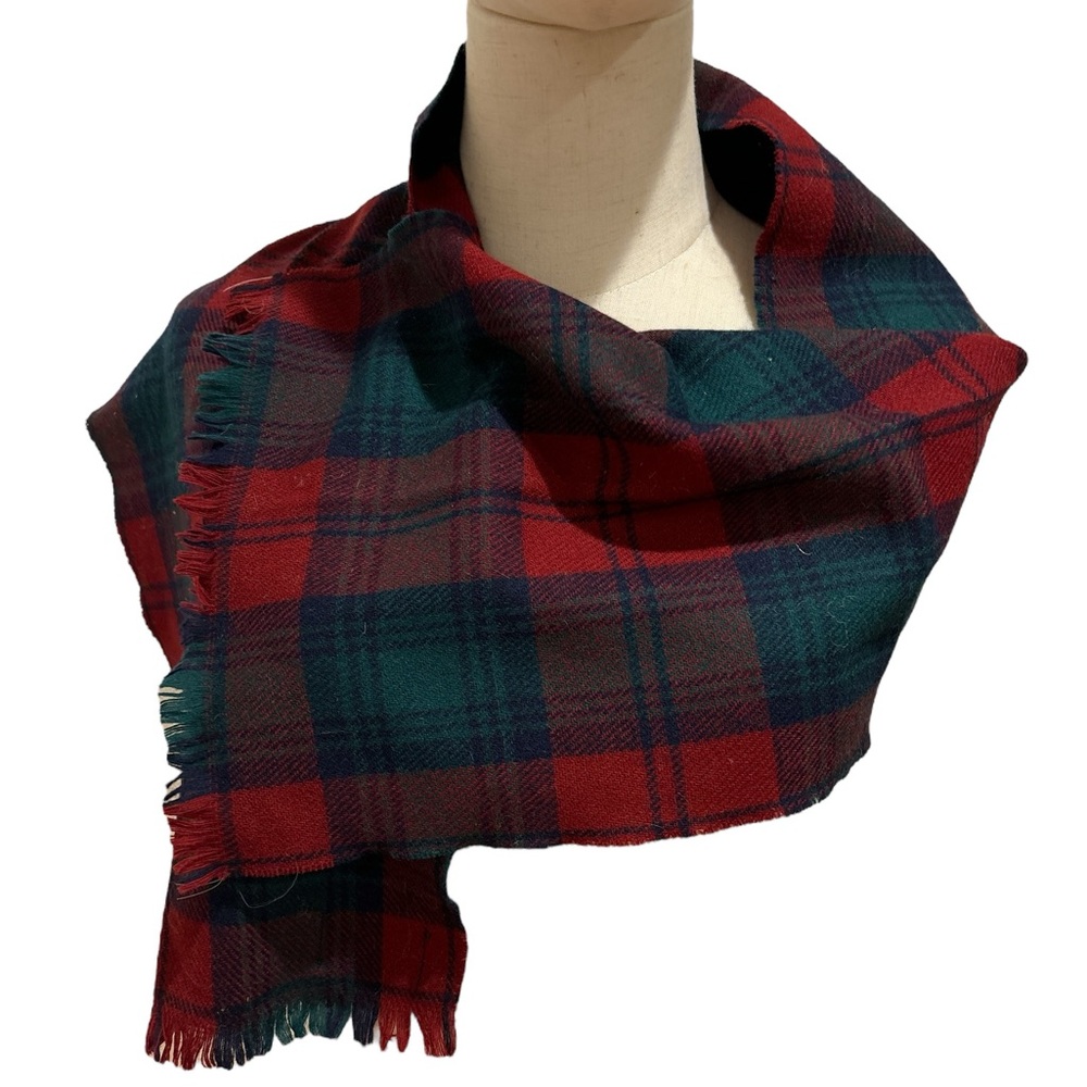 70s GREEN BURGUNDY & NAVY WOOL MACLACHLAN TARTAN PLAID HERITAGE PRINT SCARF